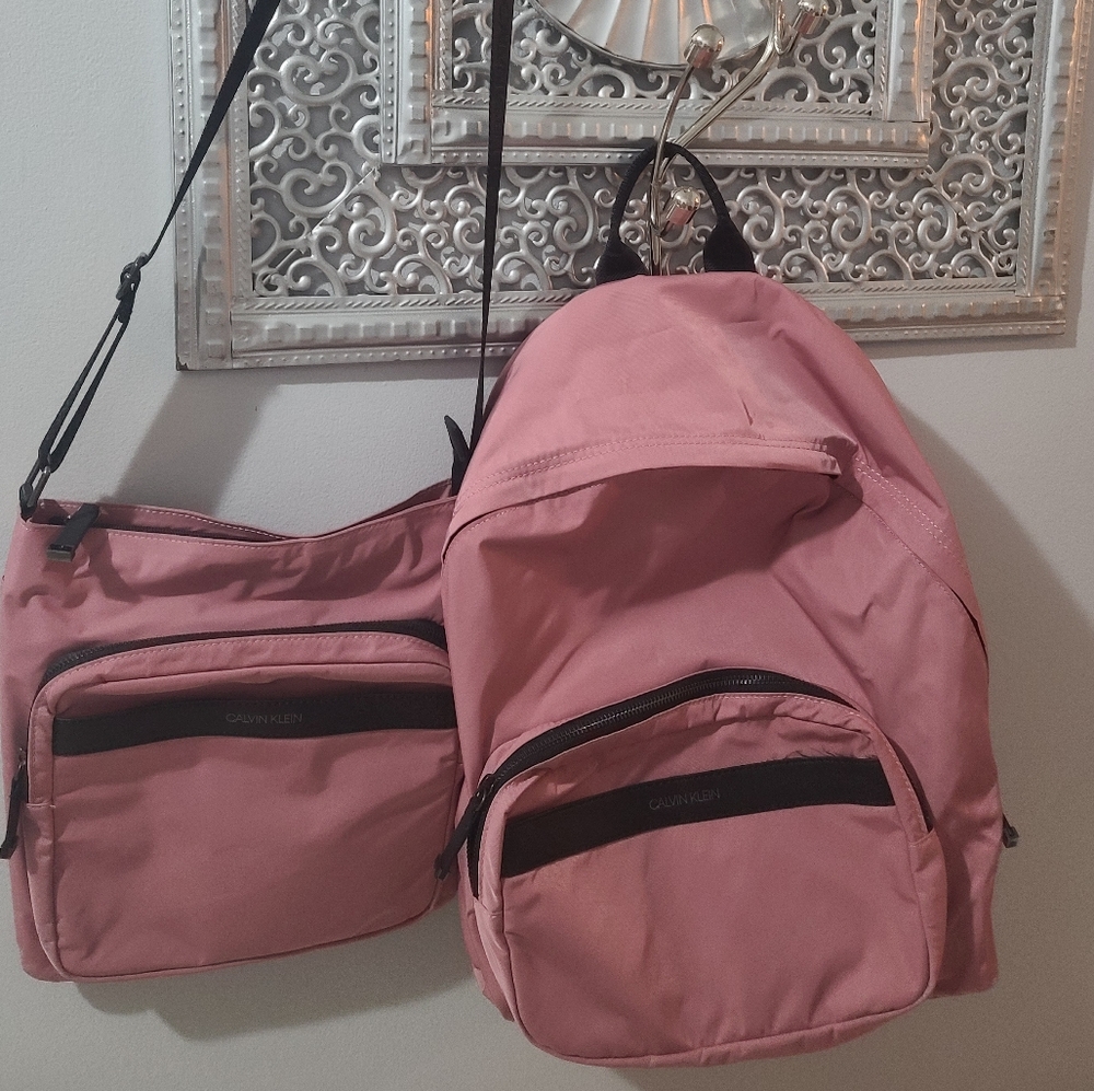 Calvin Klein logo strap Pink & Black backpack & Messenger Handbag.